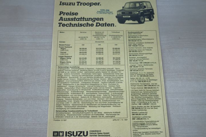 Isuzu Trooper - Preisliste & Extras - Prospekt 12/1987