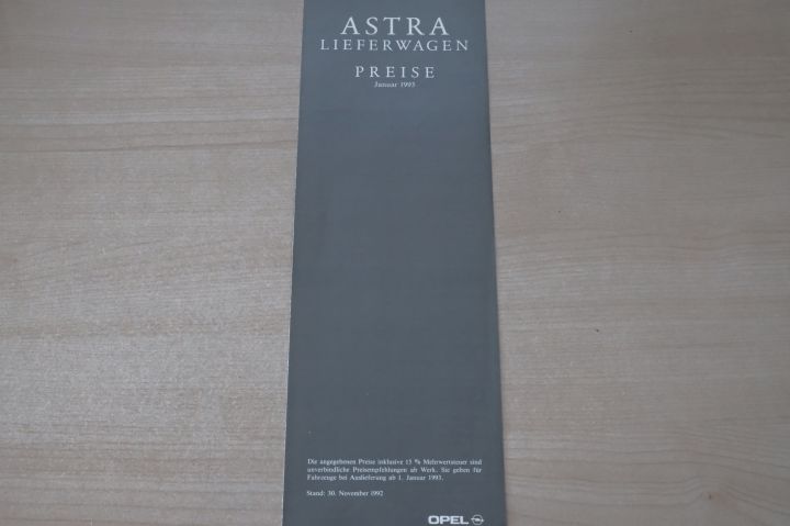 Opel Astra F Lieferwagen - Preisliste & Extras - Prospekt 01/1993