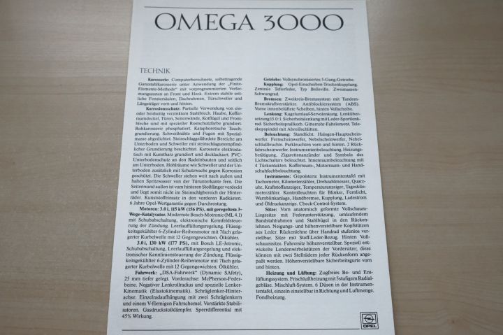 Opel Omega A 3000 - technische Daten & Ausstattung - Prospekt 09/1987