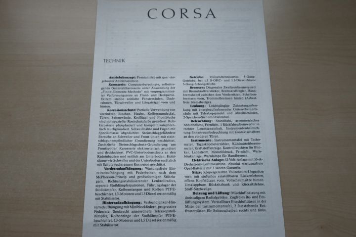 Opel Corsa A - technische Daten & Ausstattung - Prospekt 07/1987