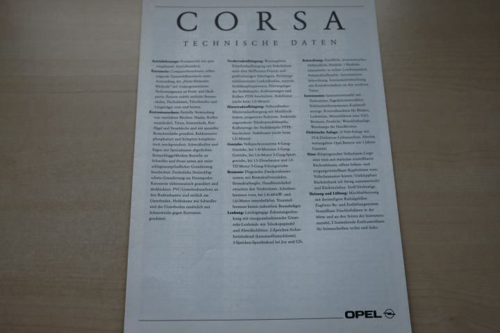 Opel Corsa A - technische Daten & Ausstattung - Prospekt 09/1991