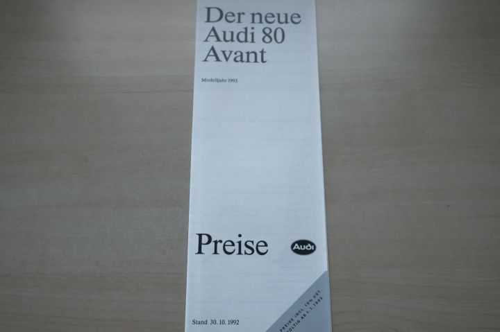 Audi 80 Avant - Preisliste & Extras - Prospekt 10/1992