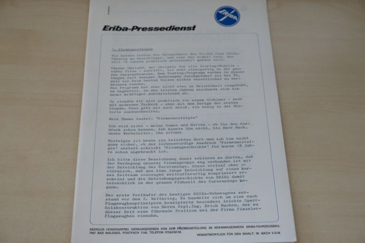 Hymer Eriba - ein Rückblick - Presseinformation 197?