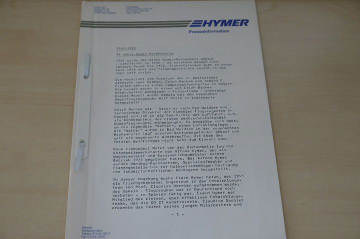 Hymer Reisemobile - 30 Jahre - Presseinformation 1991