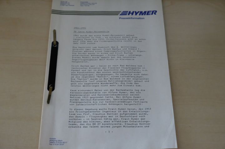 Hymer Reisemobile - 20 Jahre - Presseinformation 1981