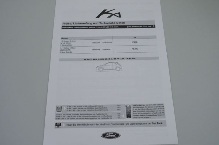 Ford Ka - Preisliste & Extras - Prospekt 10/1998