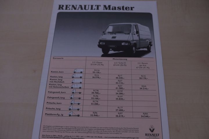 Renault Master - Preisliste & Extras - Prospekt 11/1992