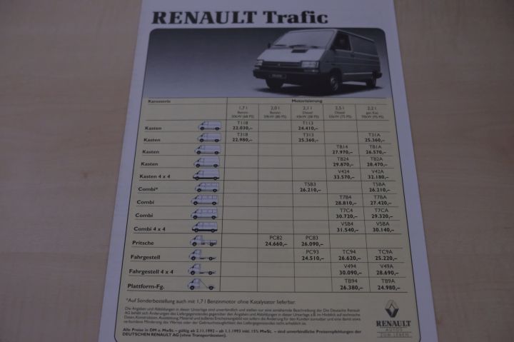 Renault Trafic - Preisliste & Extras - Prospekt 11/1992