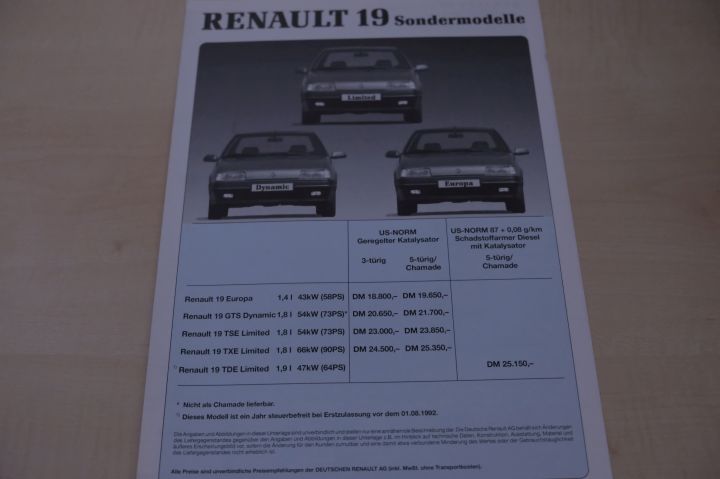 Renault R 19 Europa Dynamic Limited - Preisliste & Extras - Prospekt 01/1992
