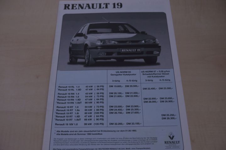 Renault R 19 inkl 16V - Preisliste & Extras - Prospekt 06/1992