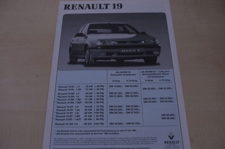 Renault R 19 inkl 16V - Preisliste & Extras - Prospekt 05/1992
