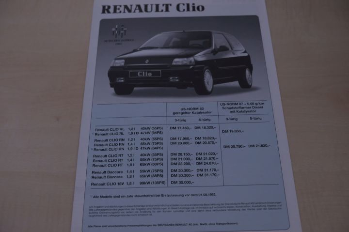 Renault Clio A inkl 16V + Baccara - Preisliste & Extras - Prospekt 04/1992