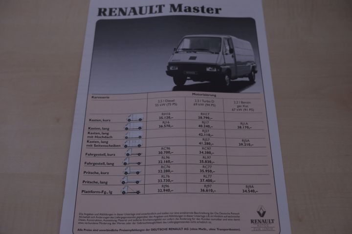 Renault Master - Preisliste & Extras - Prospekt 07/1993