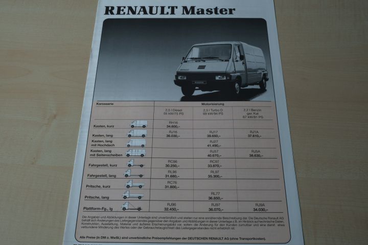 Renault Master - Preisliste & Extras - Prospekt 05/1991