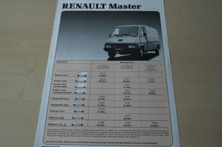 Renault Master - Preisliste & Extras - Prospekt 04/1991