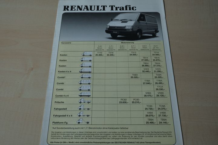 Renault Trafic - Preisliste & Extras - Prospekt 04/1991