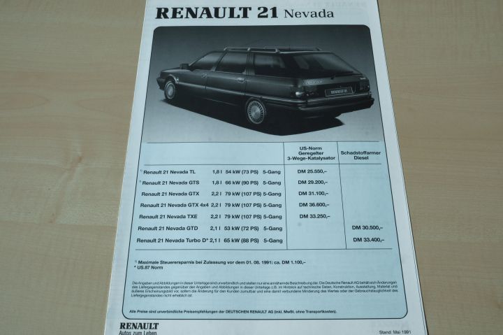 Renault R 21 Nevada - Preisliste & Extras - Prospekt 05/1991
