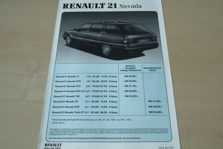 Renault R 21 Nevada - Preisliste & Extras - Prospekt 04/1991