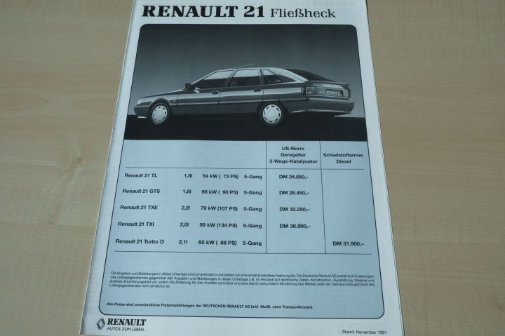Renault R 21 - Preisliste & Extras - Prospekt 11/1991
