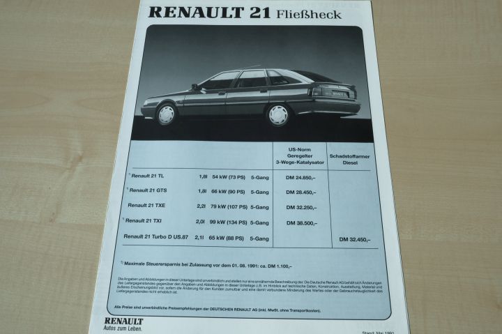 Renault R 21 - Preisliste & Extras - Prospekt 05/1991