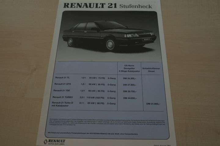 Renault R 21 Limousine - Preisliste & Extras - Prospekt 08/1991