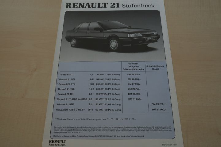 Renault R 21 Limousine - Preisliste & Extras - Prospekt 04/1991