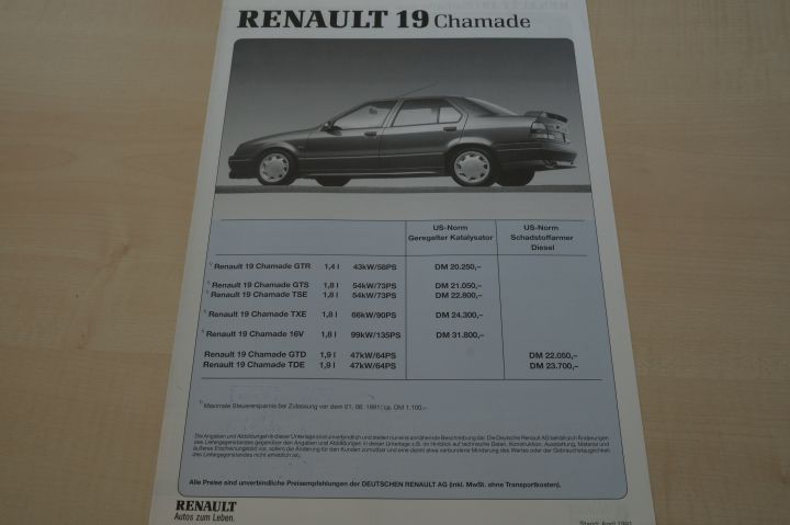 Renault R 19 Chamade inkl. 16V - Preisliste & Extras - Prospekt 04/1991