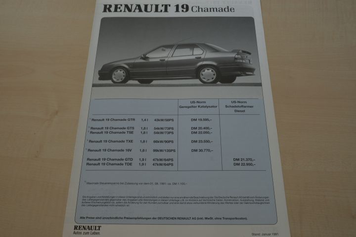 Renault R 19 Chamade inkl. 16V - Preisliste & Extras - Prospekt 01/1991