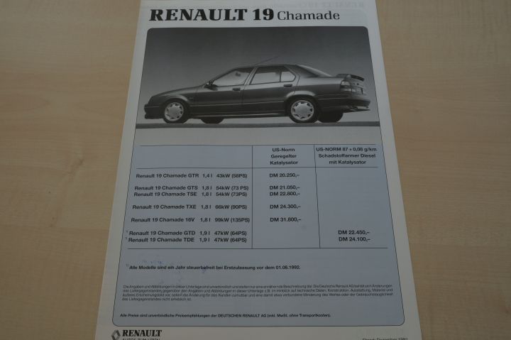 Renault R 19 Chamade inkl. 16V - Preisliste & Extras - Prospekt 12/1991