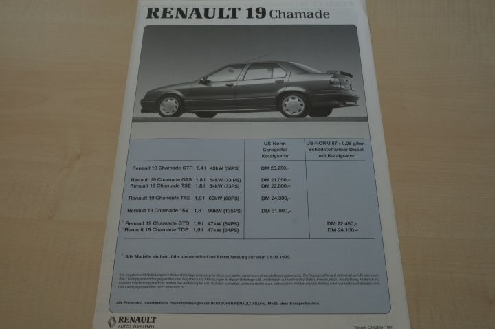 Renault R 19 Chamade inkl. 16V - Preisliste & Extras - Prospekt 10/1991