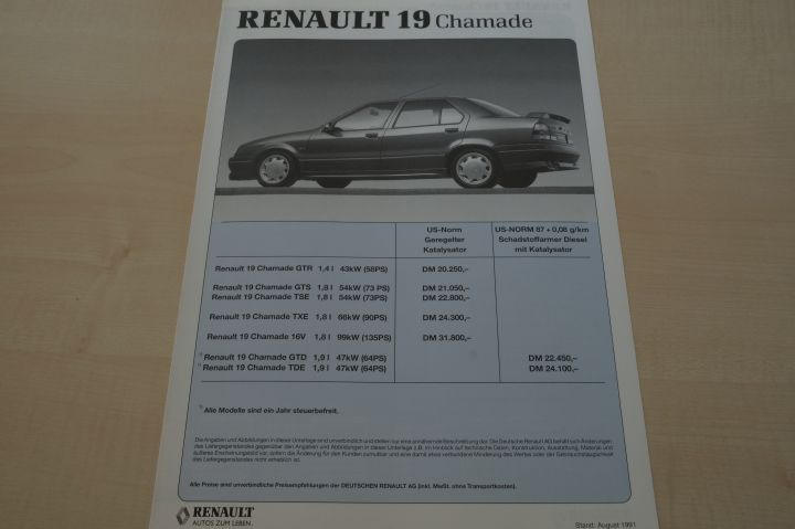 Renault R 19 Chamade inkl. 16V - Preisliste & Extras - Prospekt 08/1991