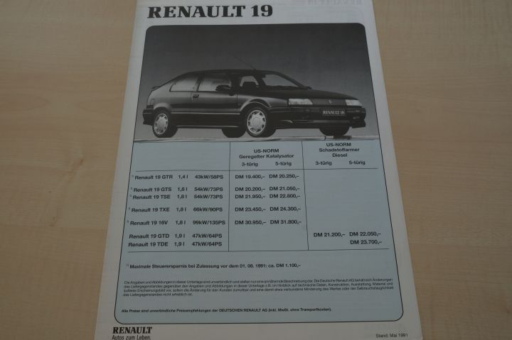 Renault R 19 inkl. 16V - Preisliste & Extras - Prospekt 05/1991