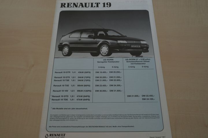 Renault R 19 inkl. 16V - Preisliste & Extras - Prospekt 08/1991