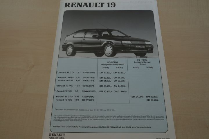 Renault R 19 inkl. 16V - Preisliste & Extras - Prospekt 04/1991