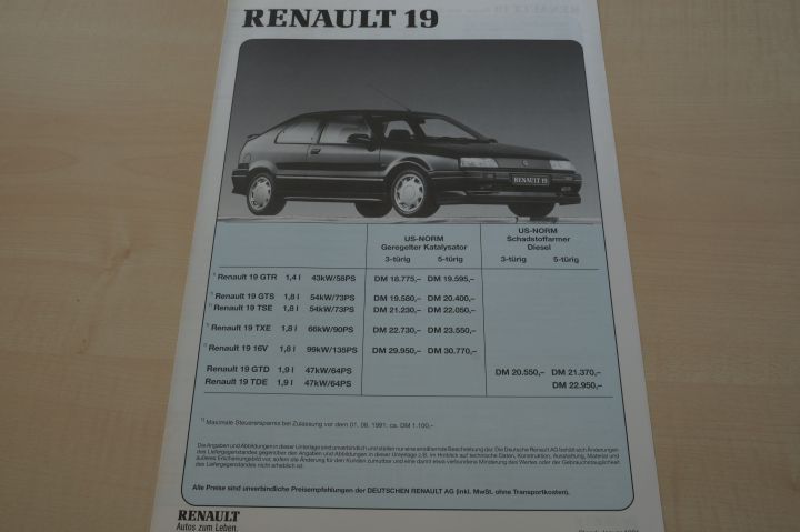 Renault R 19 inkl. 16V - Preisliste & Extras - Prospekt 01/1991