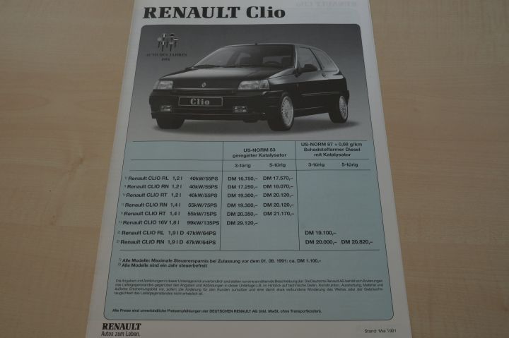 Renault Clio A - Preisliste & Extras - Prospekt 05/1991