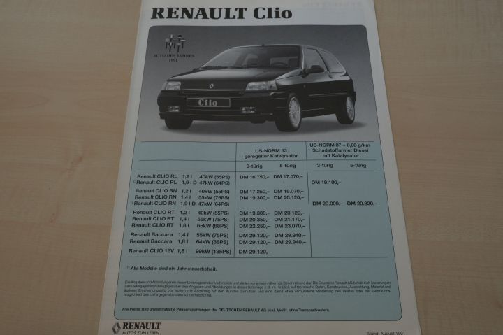 Renault Clio A inkl. Baccara + 16V - Preisliste & Extras - Prospekt 08/1991