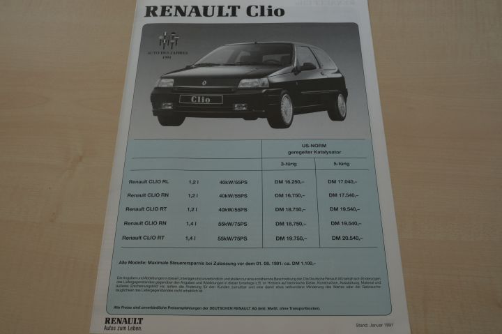 Renault Clio A - Preisliste & Extras - Prospekt 01/1991