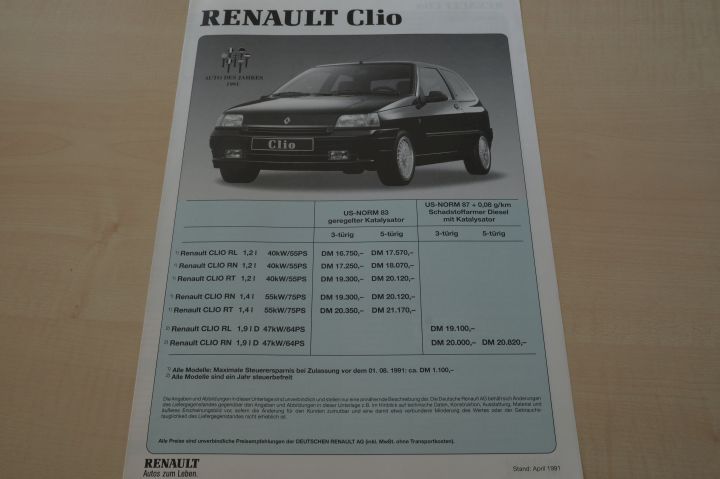Renault Clio A - Preisliste & Extras - Prospekt 04/1991