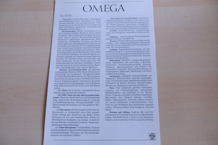 Opel Omega A - technische Daten & Ausstattung - Prospekt 11/1986