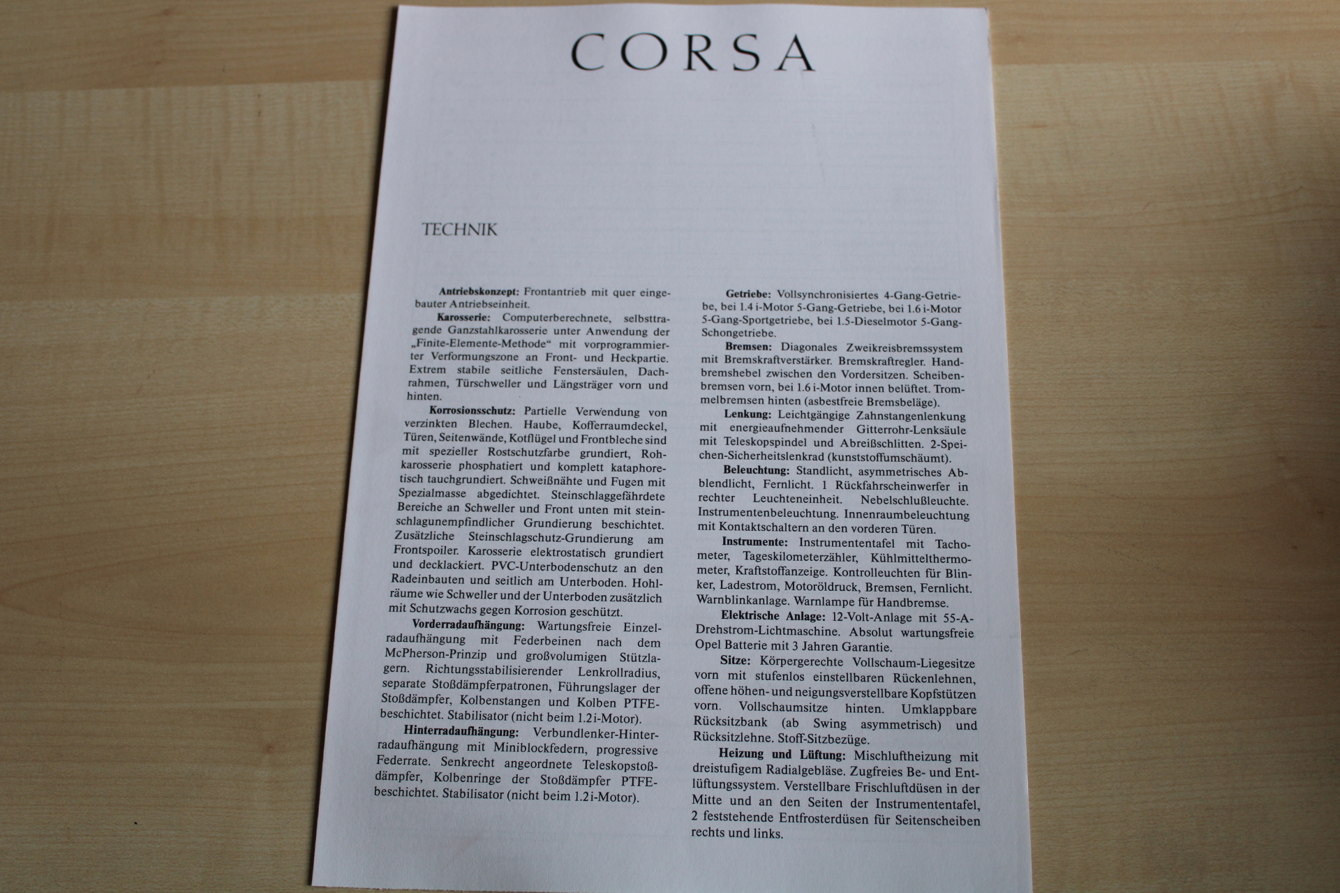 Opel Corsa A - technische Daten & Ausstattung - Prospekt 10/1990