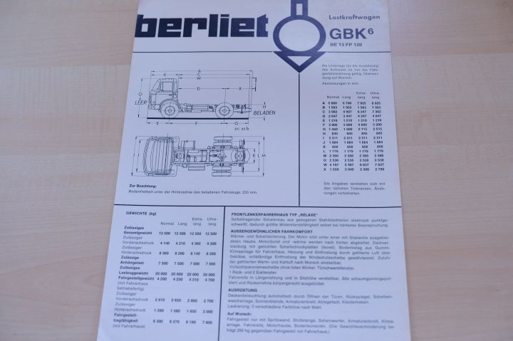 Berliet LKW - GBK 6 Spezifikationen - Prospekt 08/1965