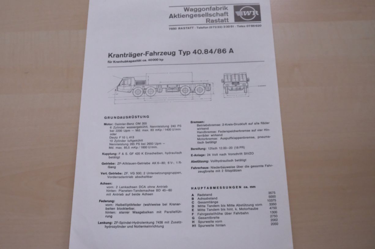 WR Wagonfabrik Rastatt Typ 40.84/86 A - technische Daten - Prospekt 198?