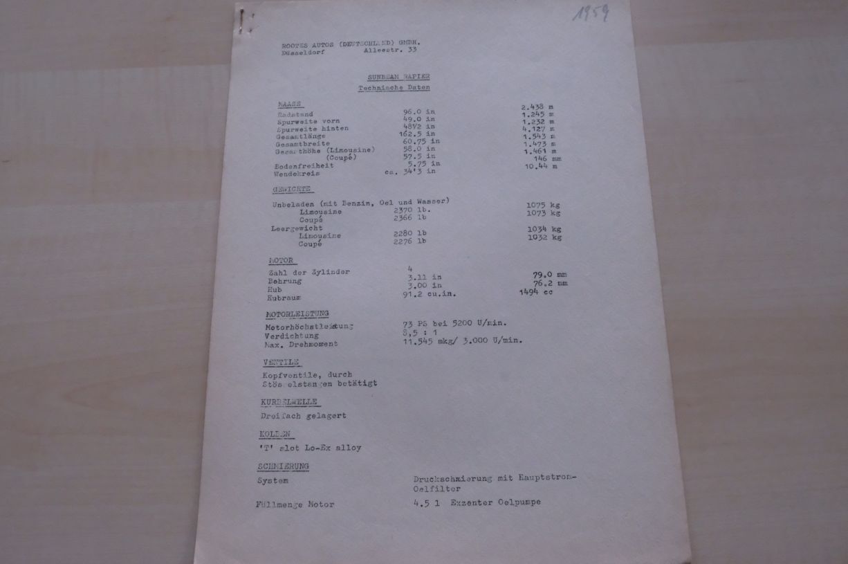 Singer Gazelle - technische Daten 1959