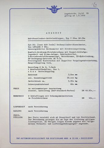 DAF LKW T 2600 - technische Beschreibung - Prospekt 09/1962