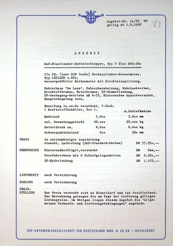 DAF LKW T 2100 - technische Beschreibung - Prospekt 09/1962
