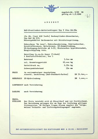 DAF LKW T 1800 - technische Beschreibung - Prospekt 09/1962