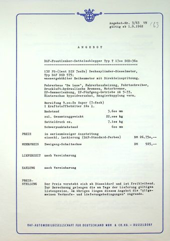 DAF LKW T 1700 - technische Beschreibung - Prospekt 09/1962