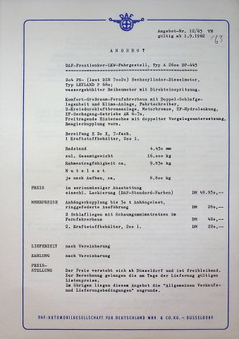 DAF LKW A 2600 - technische Beschreibung - Prospekt 09/1962