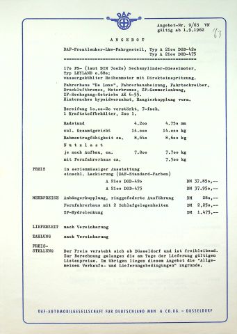 DAF LKW A 2100 - technische Beschreibung - Prospekt 09/1962